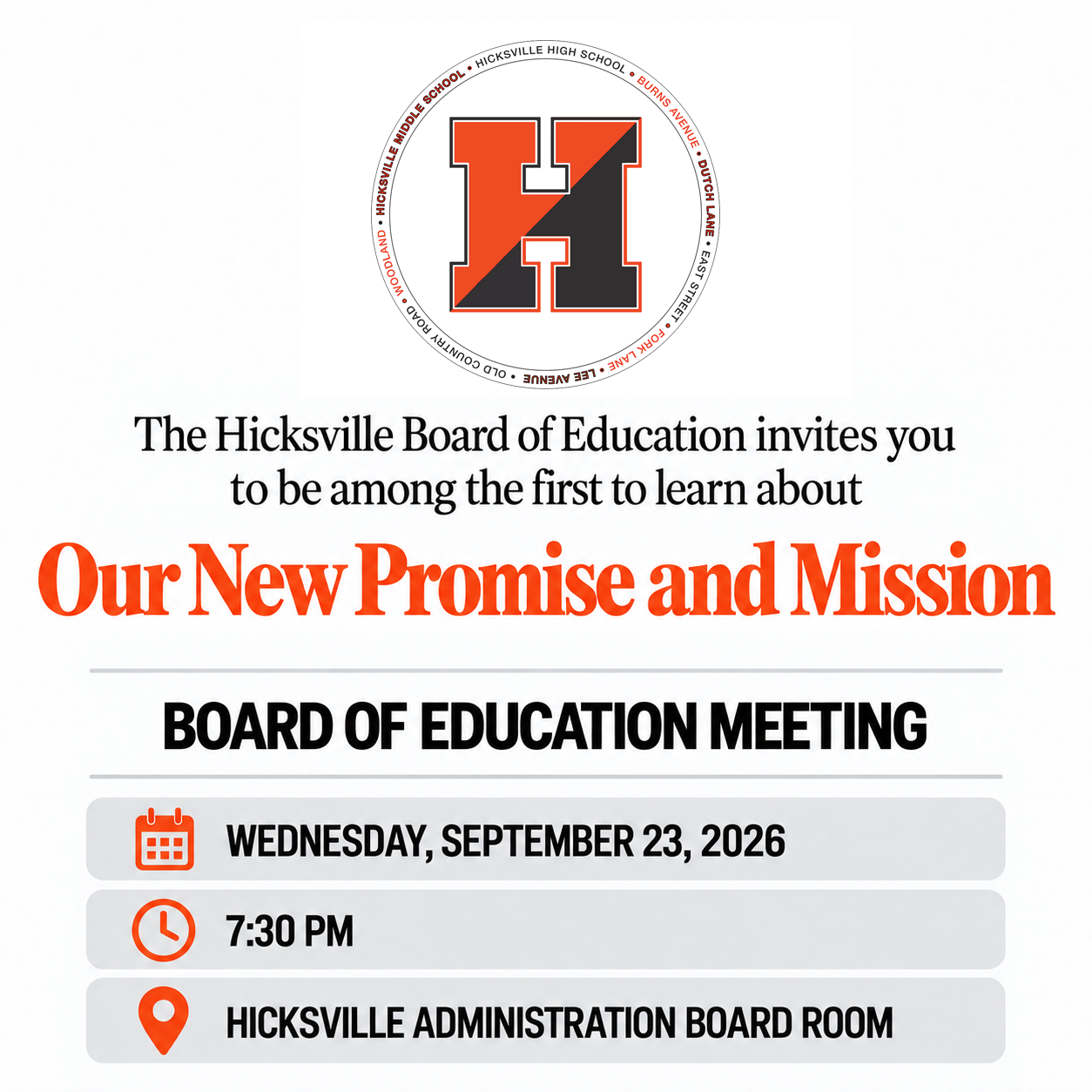 A flyer for the Hicksville Board of Education meeting on Wednesday, September 23, 2026, at 7:30 PM to announce 'Our New Promise and Mission'.